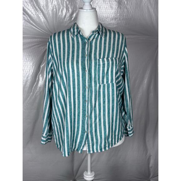 Universal Thread Tops - Universal Thread XXL Linen Blend Striped Button Down Shirt Green White Relaxed